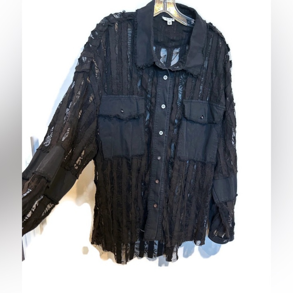 POL Black Sheer Lace Button Front Distressed by Design Top Blouse - Picture 7 of 8